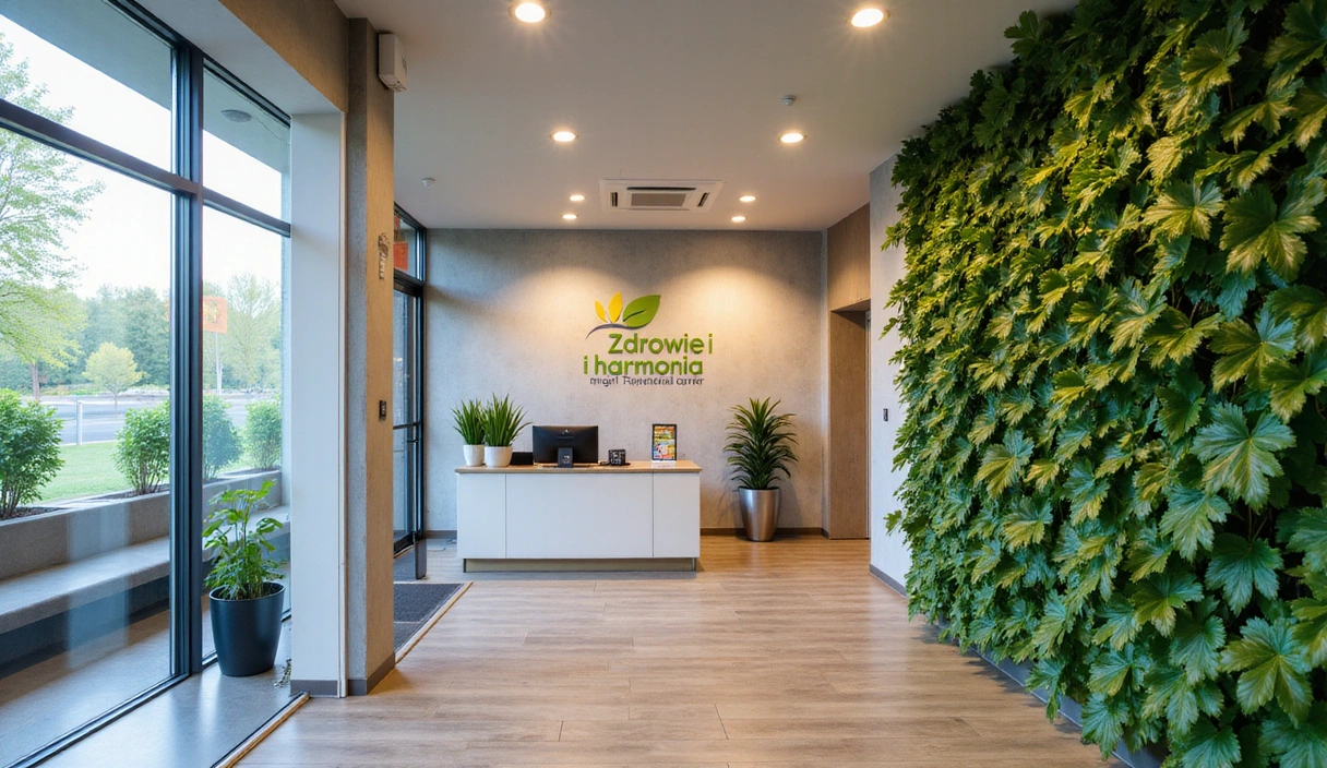 Zdjęcie przedstawiające wejście do nowoczesnego centrum dietetycznego z logo 'Zdrowie i Harmonia', w tle zielone rośliny i recepcja.